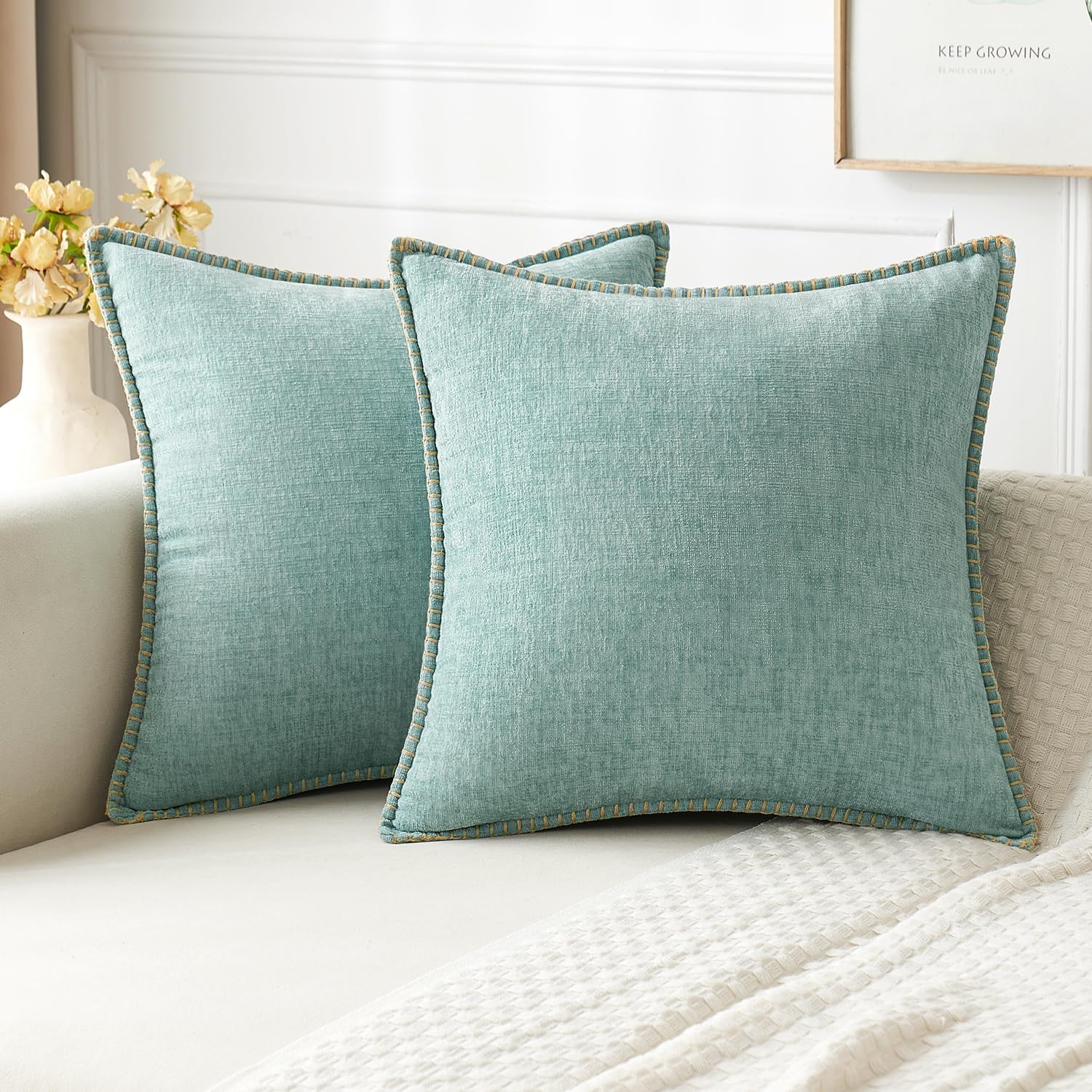 MIULEE Pack of 2 Couch Throw Pillow Covers 18x18 Inch Sage Green Farmhouse Decorative Pillow Covers with Stitched Edge Soft Chenille Solid Dyed Summer Pillow Covers for Sofa Bed Living Room