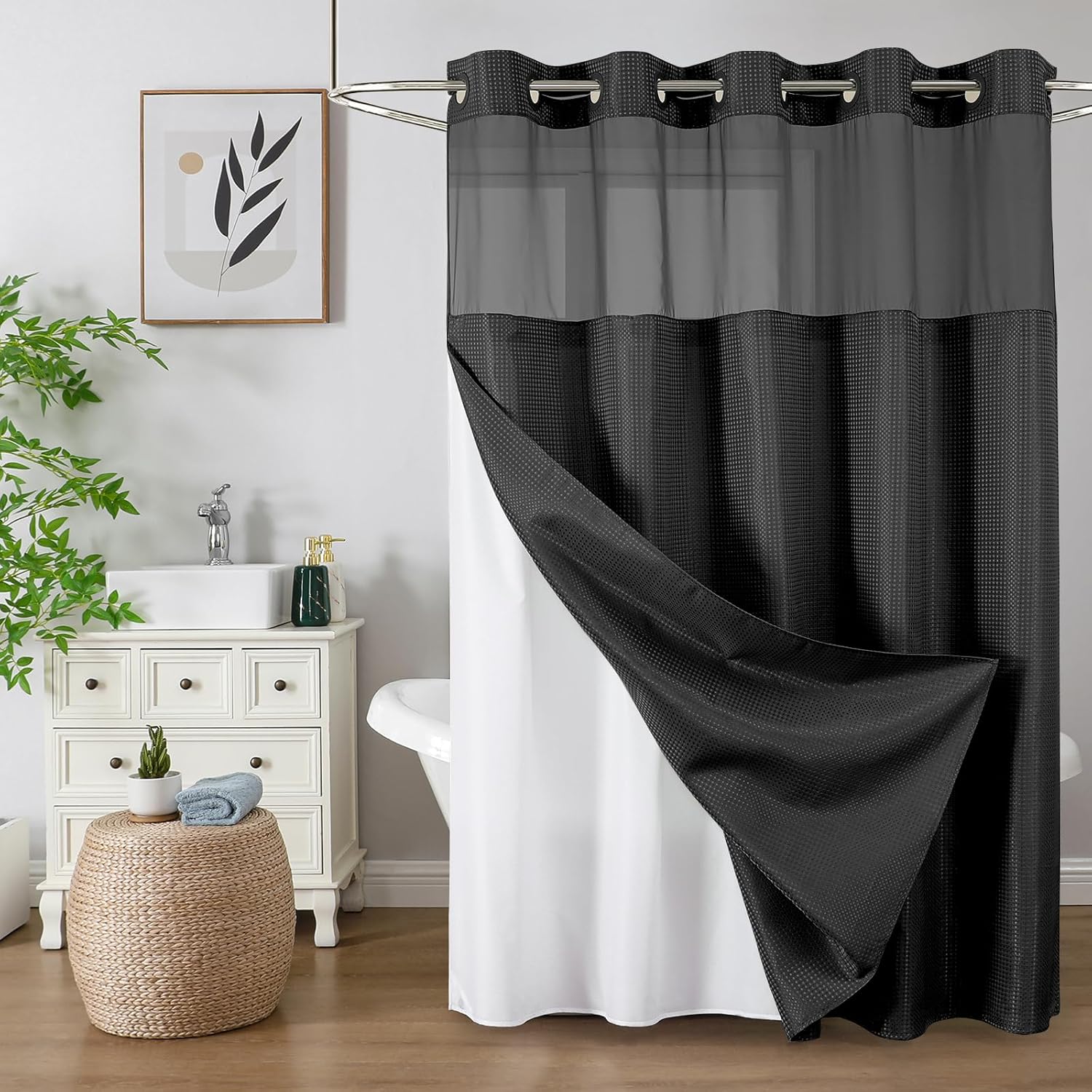 No Hook Waffle Shower Curtain with Snap in Fabric, Waterproof Shower Curtains with See Through Top Window, Hotel Luxury Heavy Duty Bathroom Curtain and Liner Set, 72'' x 75'', Black